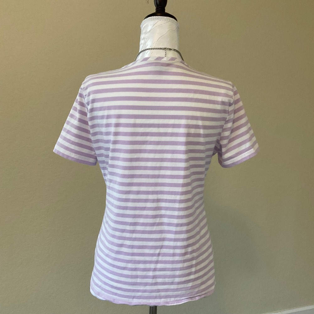 Brooks Brothers Womens V Neck T Shirt White Purple Striped Medium Cotton Tee - Picture 4 of 6